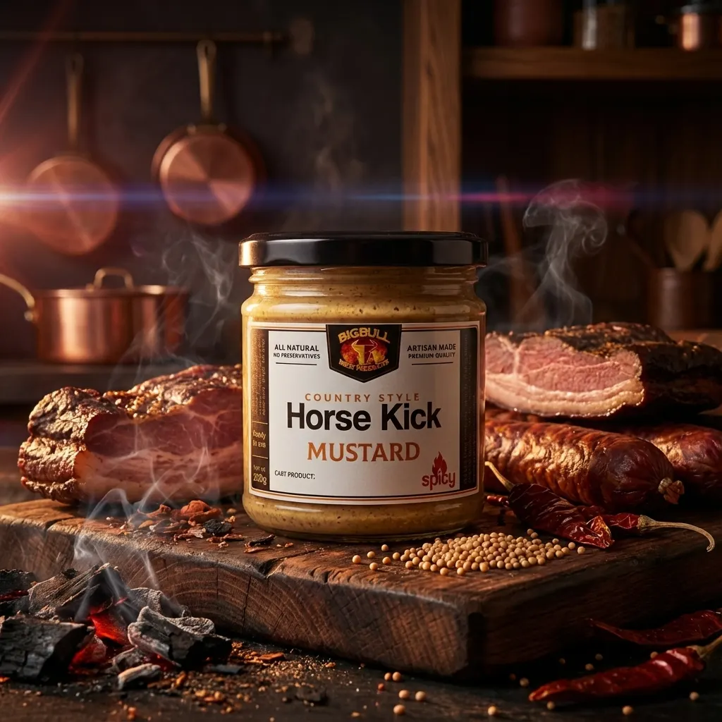 Artisan mustard on a smoky butcher block with spices and grilled meat